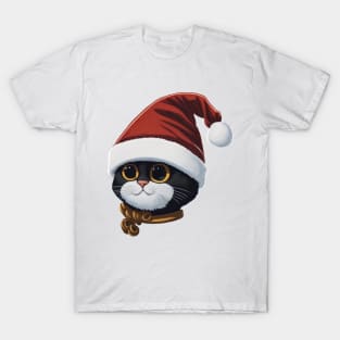 Cute Santa Black Cat in Christmas T-Shirt